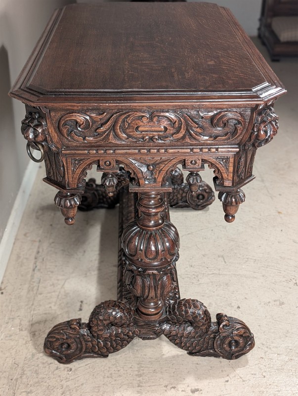 Petite Antique French Renaissance Dolphin Library Table/Desk in Oak Wood gallery