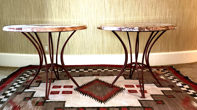 Vintage Matching Pair of Pink Marble Top Coffee Tables with Original Iron Bases