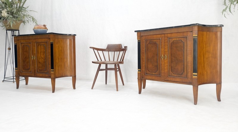 Pair Regency Style Burl Walnut Scallop Banding Black Marble Top Cabinet Credenza gallery