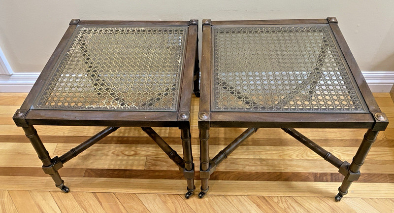 4966060: Pair HICKORY CHAIR CO Mahogany End/Side Tables Cane Wood Glass