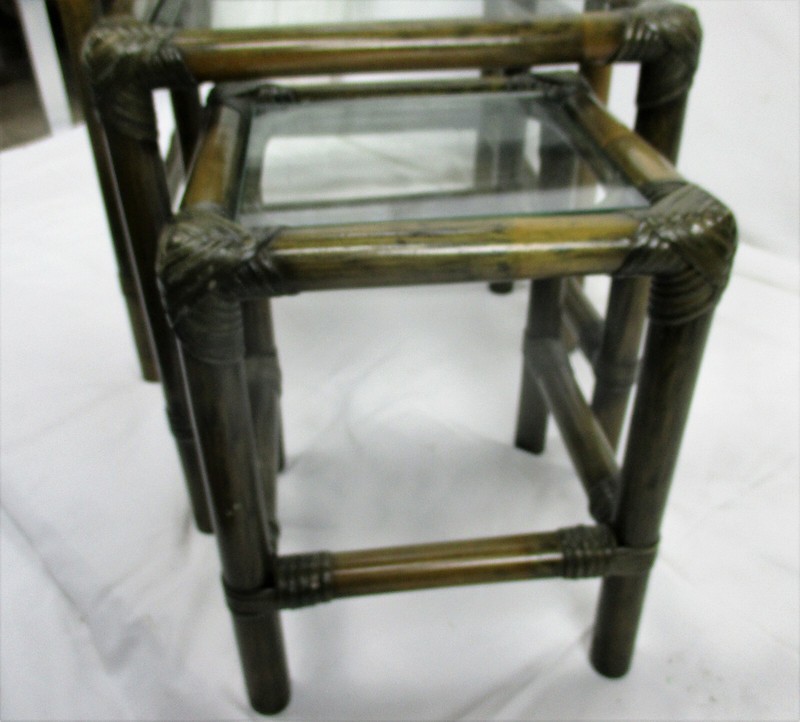 Set of 3 Vintage Nesting Coffee Side Tables Faux Bamboo Rattan Lounge gallery