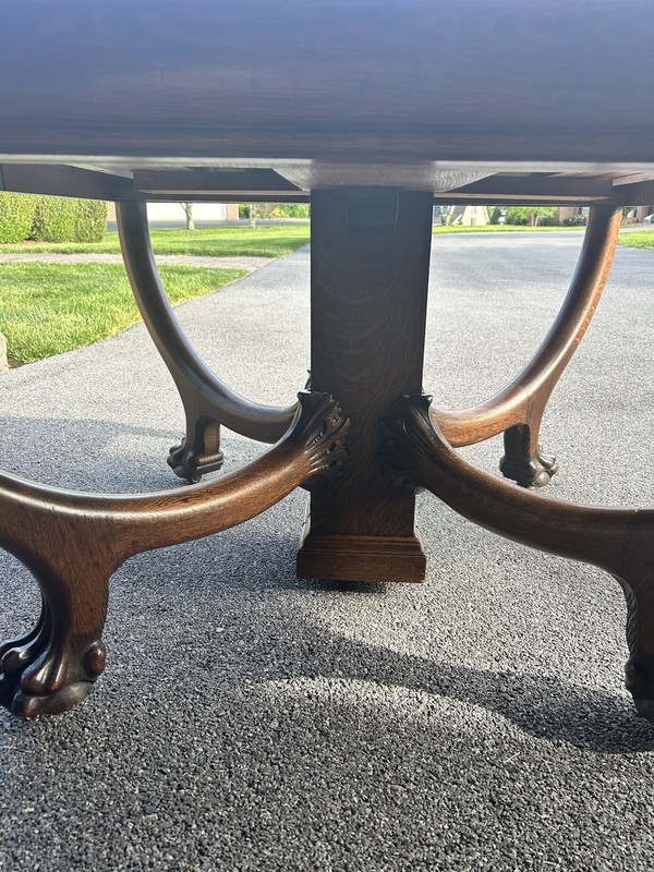 Vintage-Antique Solid Tiger Oak Lion Claw Dining Table With Casters And 6 Leaves gallery