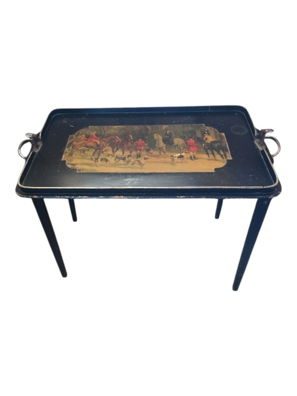 Antique Scheibe Fox Hunt Folding Tray Table Hunting Scene 1920s Handles Latches gallery