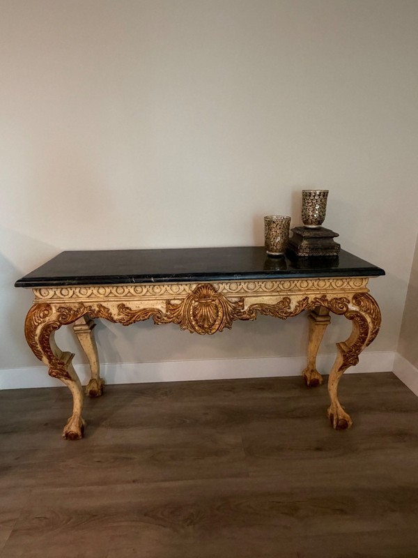 antique boroque green marble table with gold accents French