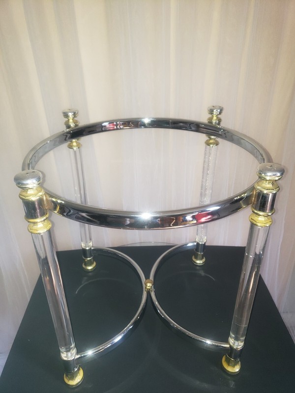 Vintage 1970’s Lucite and Chrome Side End Table Round Gold Accents No Glass Top