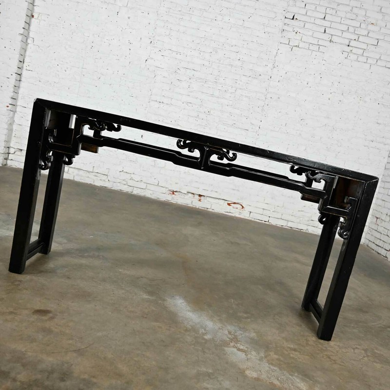 Asian Chinoiserie Distressed Black Finish Alter Style Sofa Console Table gallery