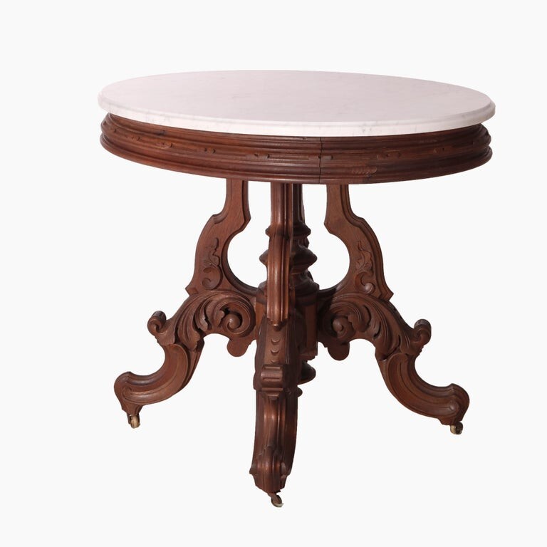 Antique Victorian Walnut Brooks Oval Marble Top Parlor Table C1890 gallery