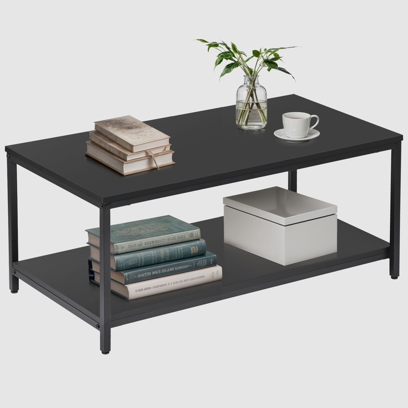 2-Tier Coffee Table 39.4″ Living Room Tables w/ Storage Shelf Center Table Black