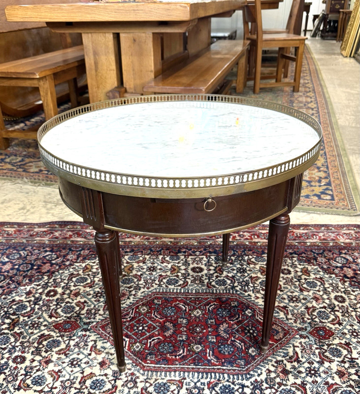 Antique French Louis XVI Mahogany Marble Top Bouillotte Round Side Table gallery