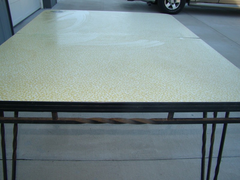 VTG MID CENTURY 50's TABLE w/ WROUGHT IRON HAIRPIN LEGS & YELLOW FORMICA TOP gallery