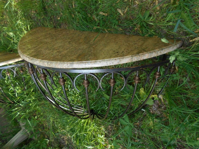 PAIR MID CENTURY WROUGHT IRON HALF ROUND MARBLE TOP CONSOLE TABLES gallery