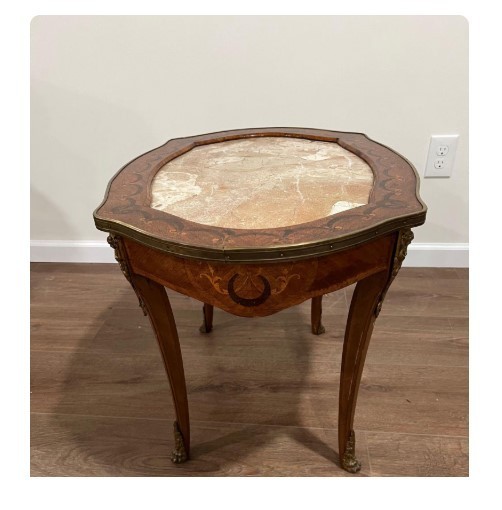 Vintage French Inlaid Coffee Table with Marble Top gallery