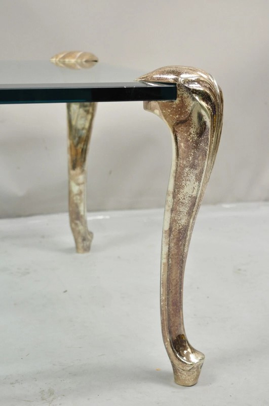 Vintage French Hollywood Regency Beveled Glass Bronze Cabriole Leg Coffee Table gallery