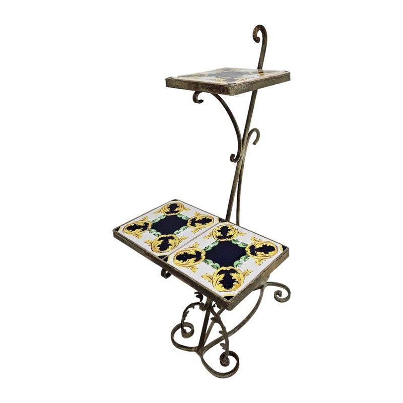 Vintage Italian Tile Plant Stand Table Display Wrought Iron Mission MCM