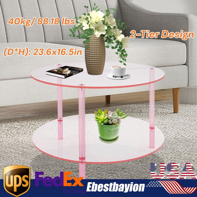 Modern Round Pink Acrylic Coffee Table, Modern Coffee Table, 2-tier Coffee Table