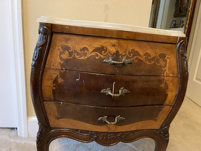 Pair Antique Bombe Marble top Inlaid French Side Tables/Cabinets gallery