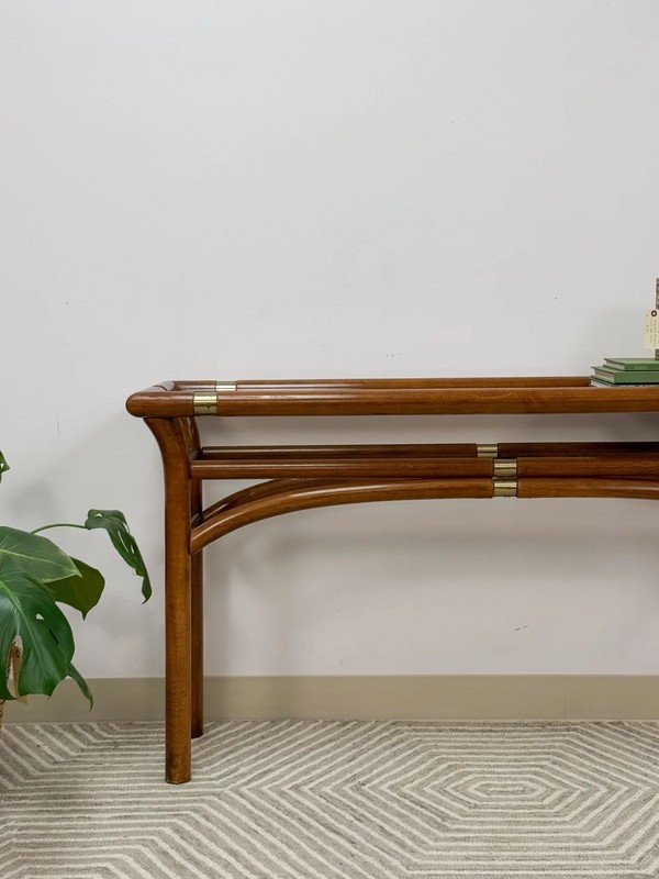 Mid Century Modern Bent Wood And Glass Console Sofa Table With Brass Inlay gallery
