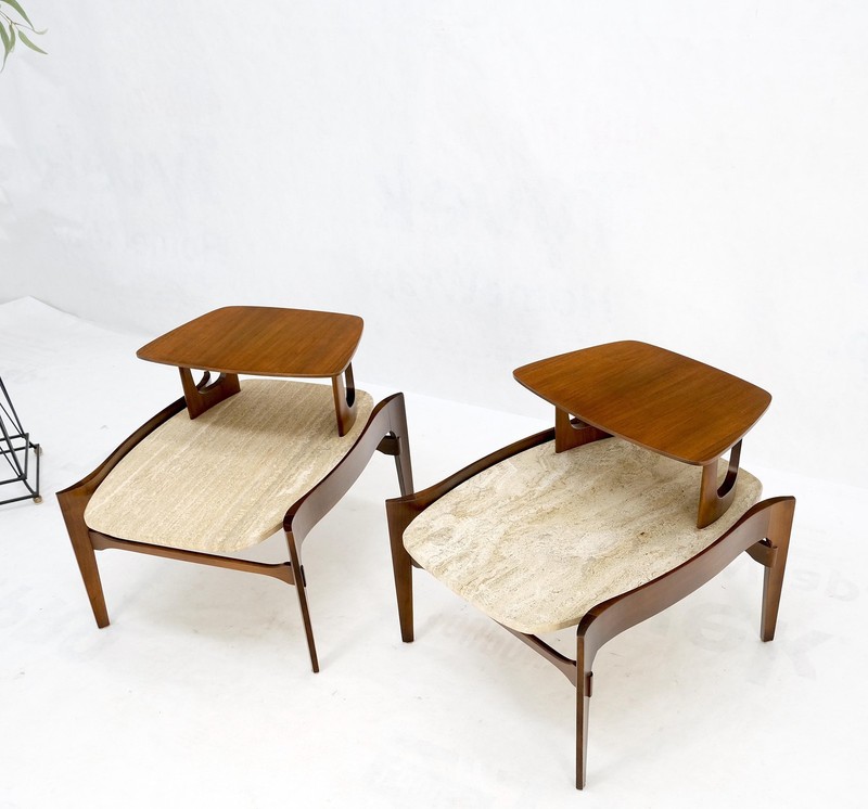 Pair Sculptural 1970s Walnut Travertine Tops Step Side End Tables Singer Sons gallery