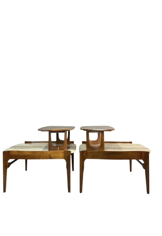 Mid Century Bertha Schaefer Walnut Travertine Top Step Side End Tables Stands gallery