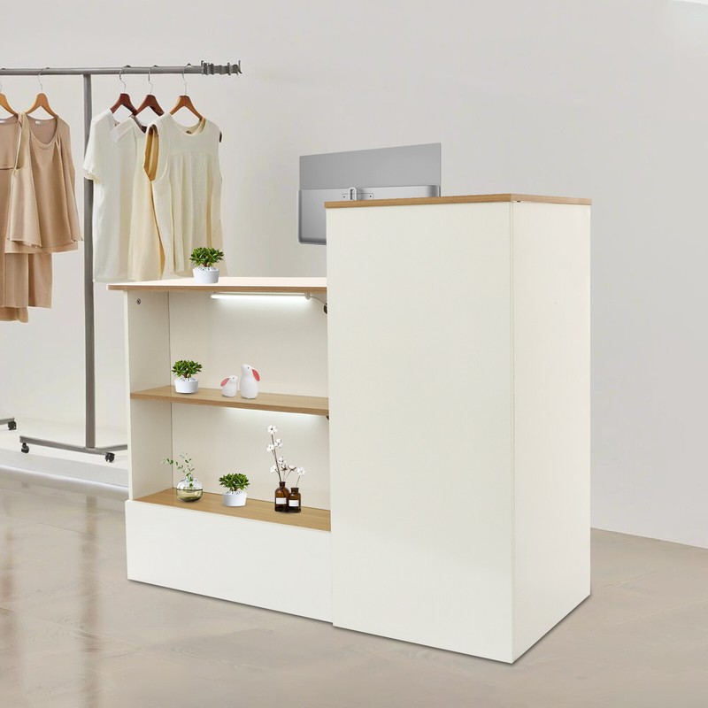 Modern Reception Desk 47.2in With Locking Drawer & Open Shelves Warm White Wood gallery