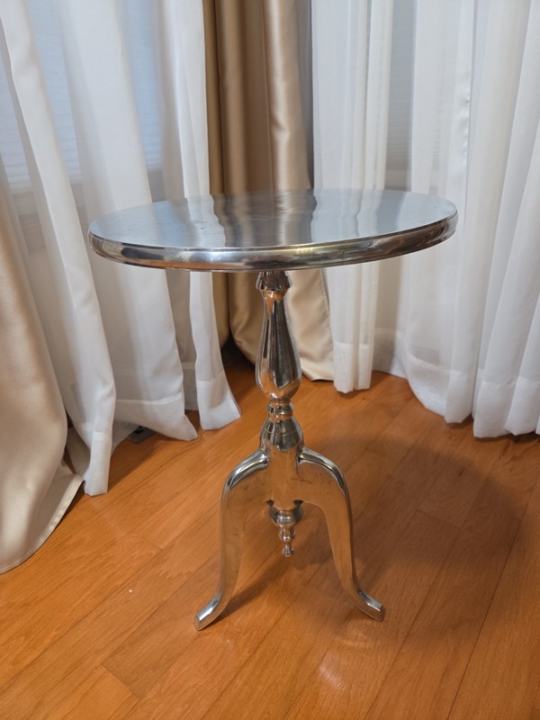 Mid Century Modern Aluminum Silver Metal Round Night Stand Table Wine Table gallery