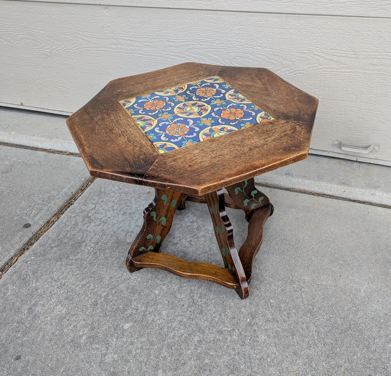 Vintage Spanish Revival Tile Top Octagon Oak Wood Table Mediterranean Folk Art