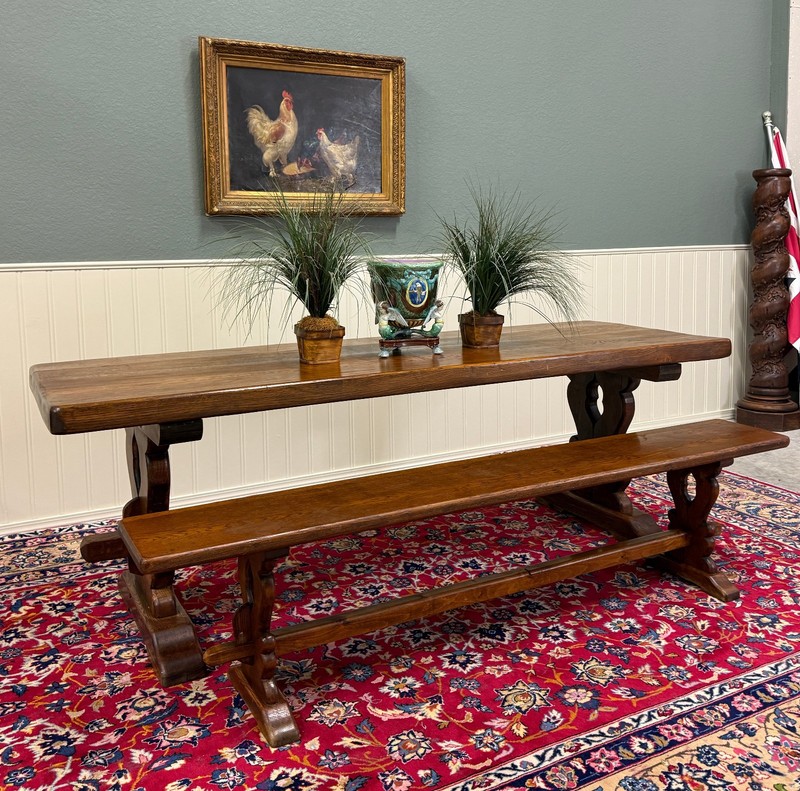 Antique French Country Farm Dining Table Farmhouse Trestle Base Oak 87"W gallery