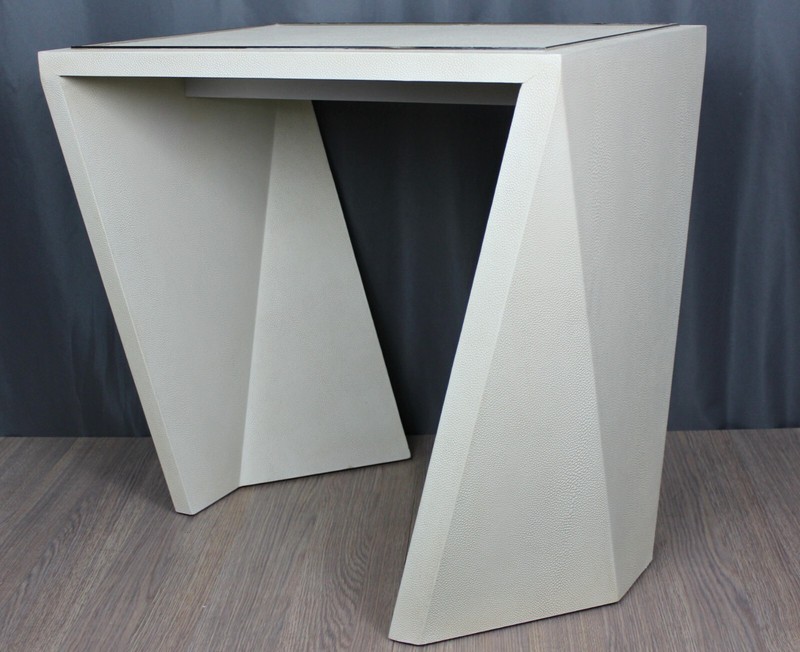 Eduard end table by Theodore Alexander, leather wrapped, stainless trim - clean gallery