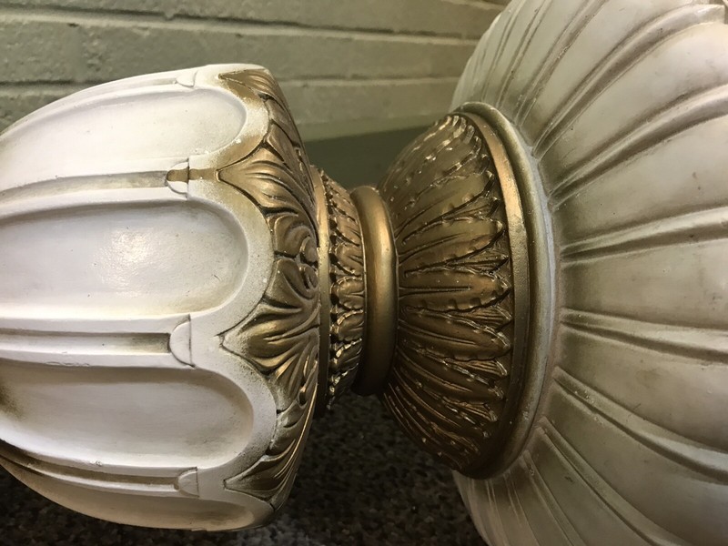 VINTAGE HEAVY PLASTER CEMENT GREEK ROMAN ROUND ORNATE PLANT STAND TABLE 11 X 16” gallery