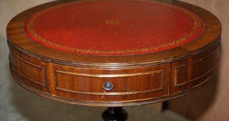 REGENCY STYLE MAHOGANY OXBLOOD LEATHER SIDE END LAMP WINE DRUM TABLE DRAWERS gallery