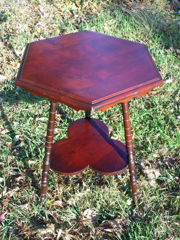Vintage Solid Cherry Wood Tripod Hexagon 2 Tier Plant Stand Accent Table