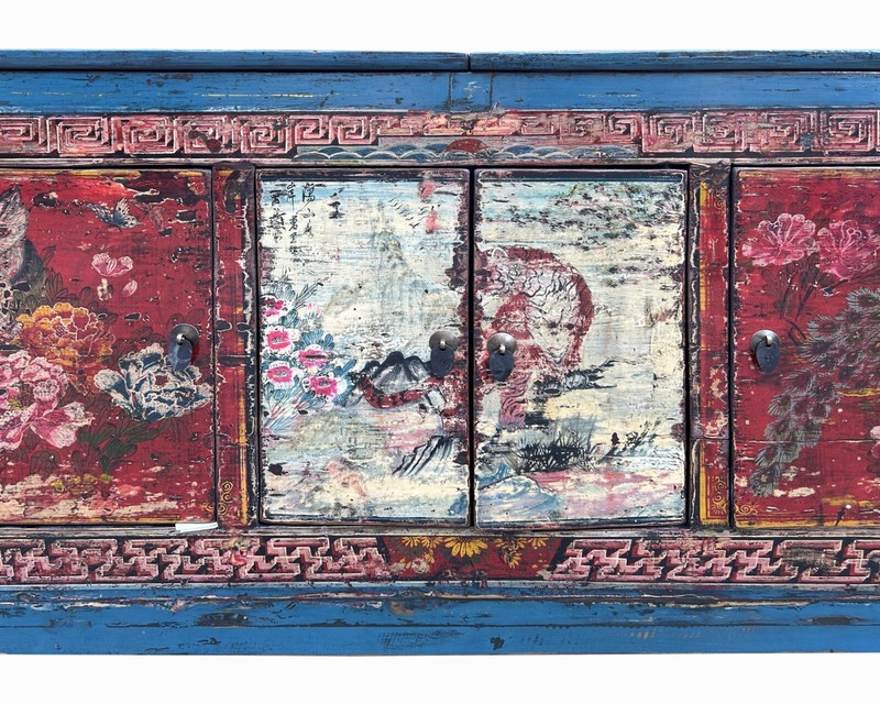 Chinese Distressed Blue Red Tiger Graphic Sideboard Console Cabinet cs7739 gallery