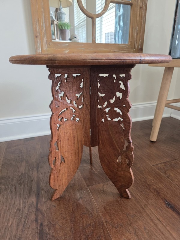 Antique Wood Engraved Round Accent Table Anglo-Indian Fold Away Side Vintage gallery