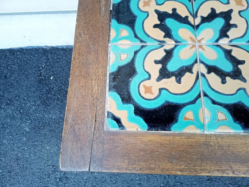 Vintage 40s Mexican tile top wood table 17.5 x 17 x 17" gallery