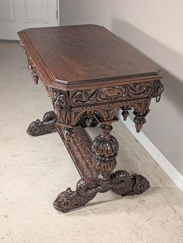 Petite Antique French Renaissance Dolphin Library Table/Desk in Oak Wood