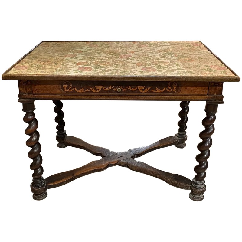 18th c Continental Fruitwood Table with Fabric Lined Top and Barley Twist Legs