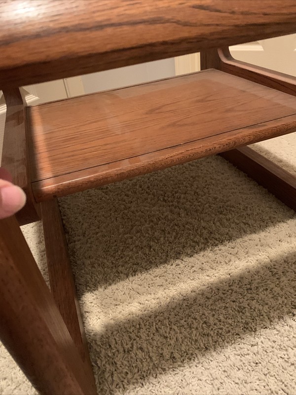 VTG 1970's Mod Lou Hodges Mersman Oak Cantilever Beveled Glass End Table gallery