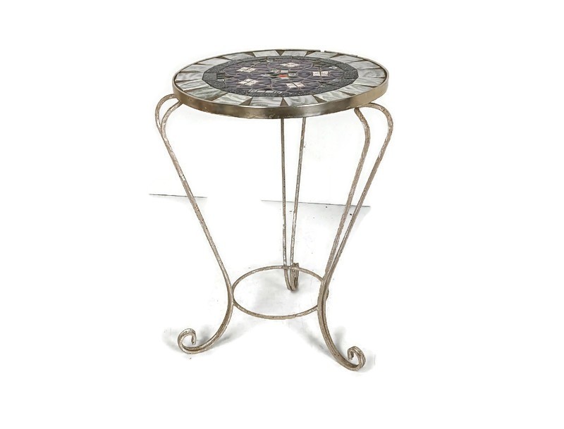 Side Round Table Plant stand Ceramic Tiles Mosaic wrought Iron Legs vintage