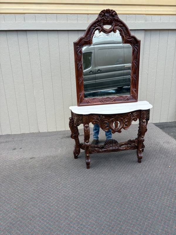 67574 Louis XV Style Marble Top Console Table with Ornate Mirror gallery