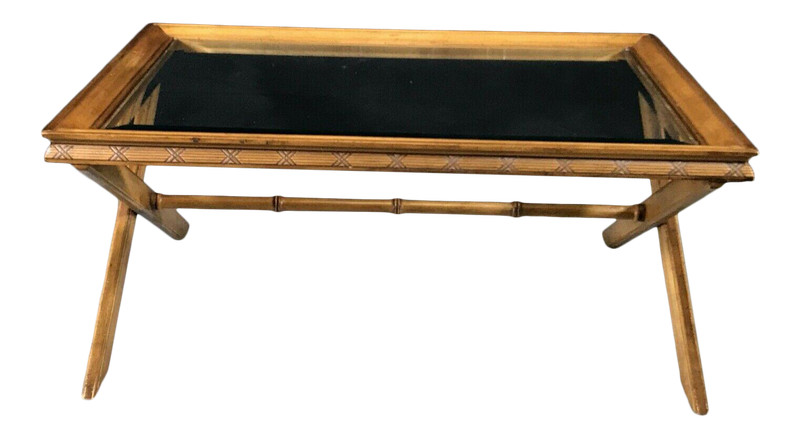 Hollywood Regency Glass Top, Cross-Leg and Faux Bamboo Coffee Table