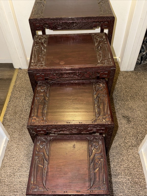 Set Of 4 Vintage Chinese Hand Carved Rosewood Or Mahogany Nesting Tables