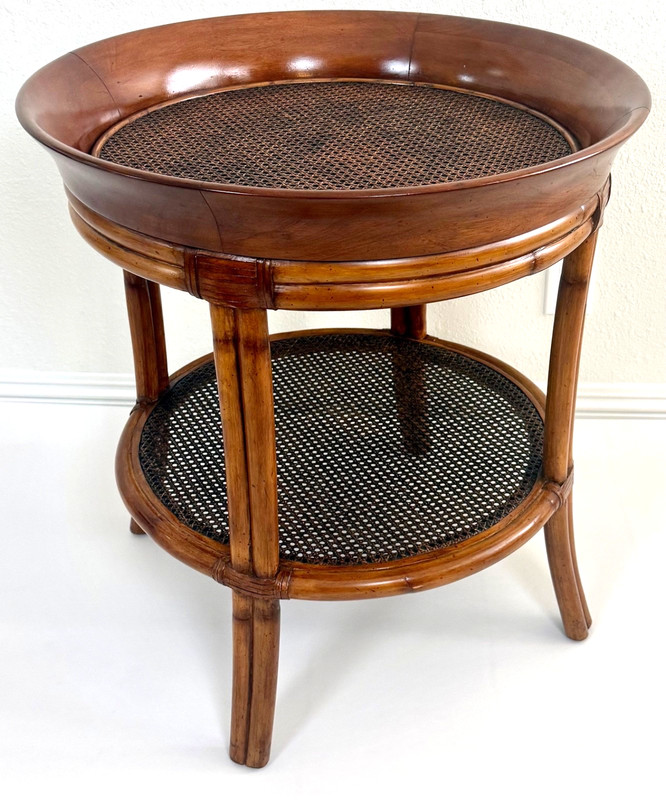 Palecek Wood and Rattan Woven Cane Leather Band Accent / Side Table gallery
