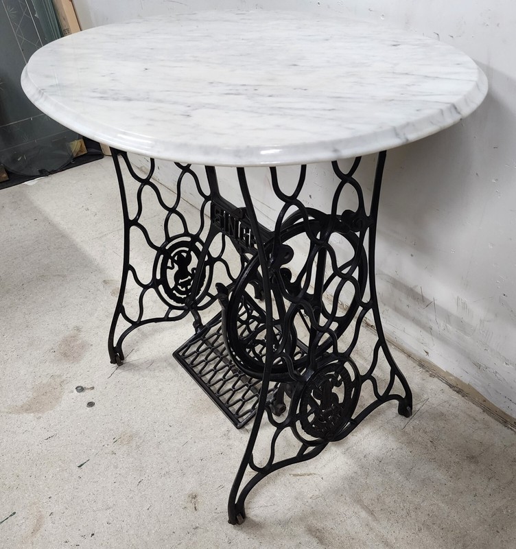 Antique Singer Iron Table Carrara Marble Top gallery