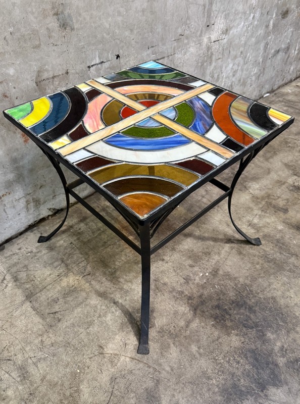 Vintage Stained Glass Side Table Wrought Iron Base Geometric Top gallery