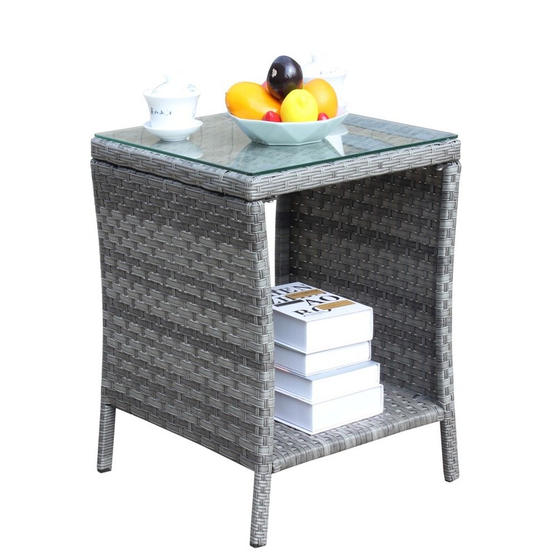 Outdoor Patio Furniture 1 Coffee Table with Clear Tempered Glass, Grey Wicker gallery