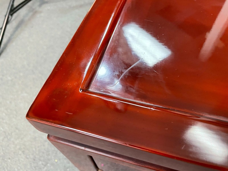 RARE Vintage THANH LE Vietnam Pair 19" Red Lacquer Wood Brass Side End Tables gallery