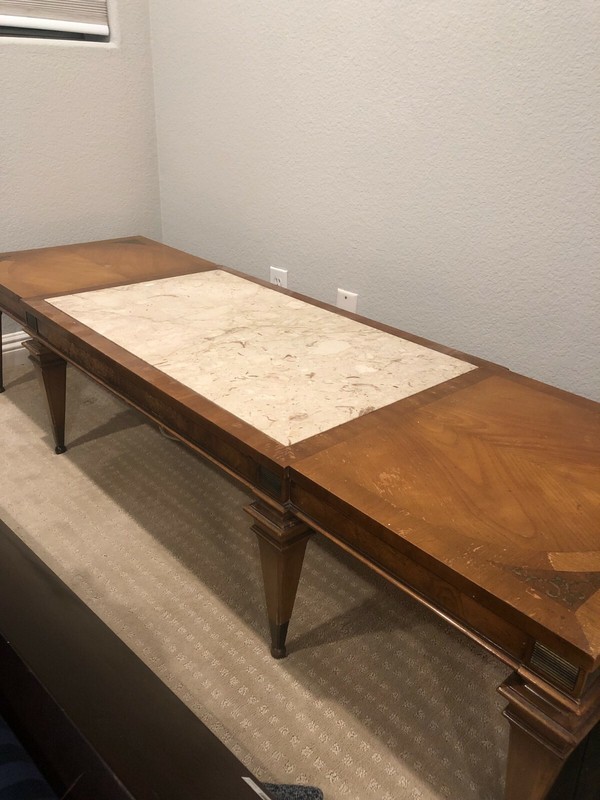 Weiman heirloom coffee table & side table, wood with marble top, antique pieces