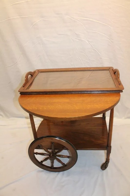 Arts & Crafts Tiger Oak Tea Cart Serving Table, Drop Leaf with Glass Tray gallery