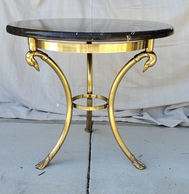 Mid Century Modern Custom Marble Top Brass Swan Neck 30" Table Hollywood Regency gallery