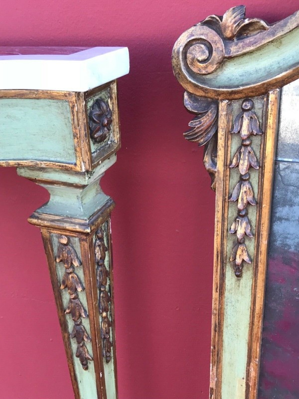 Antique Parcel Gilt Green Painted Console Entry Table + Mirror marble 18th Cent gallery